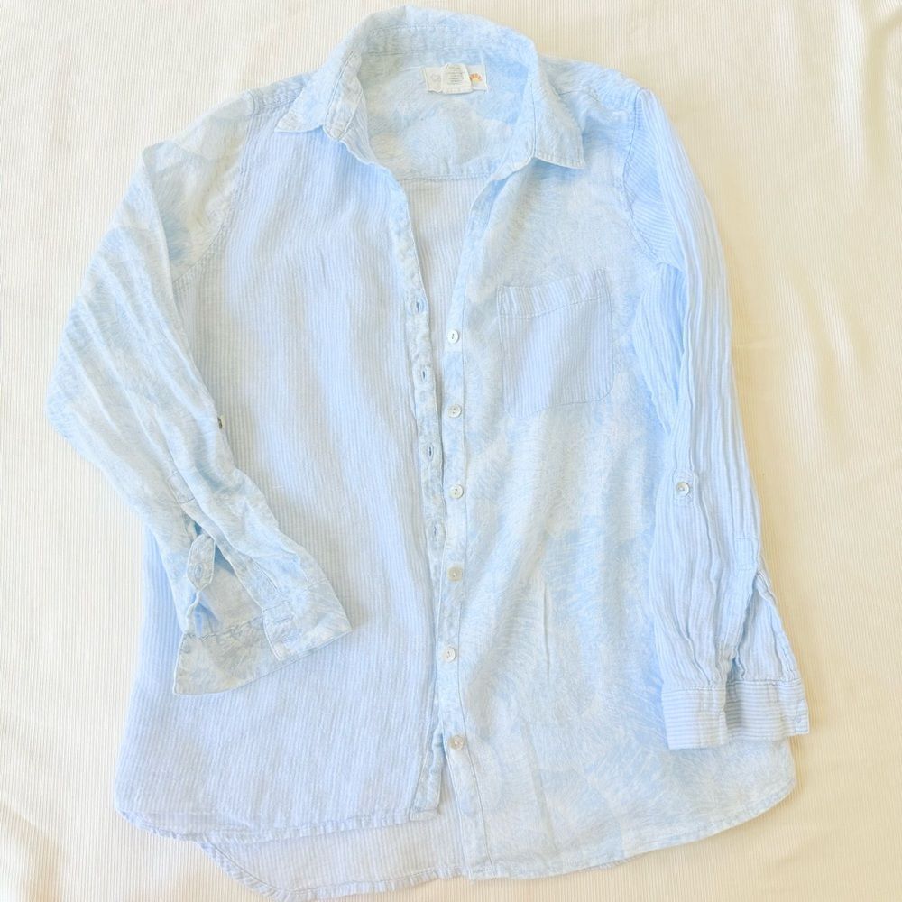 C&C California Womens Top Buttondown Longsleeve Shirt Striped 100% Linen Medium
